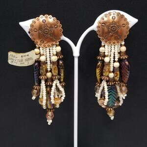 Vintage Copper Concho Seed Bead Clip Earrings, Iridescent Dangles, NWT